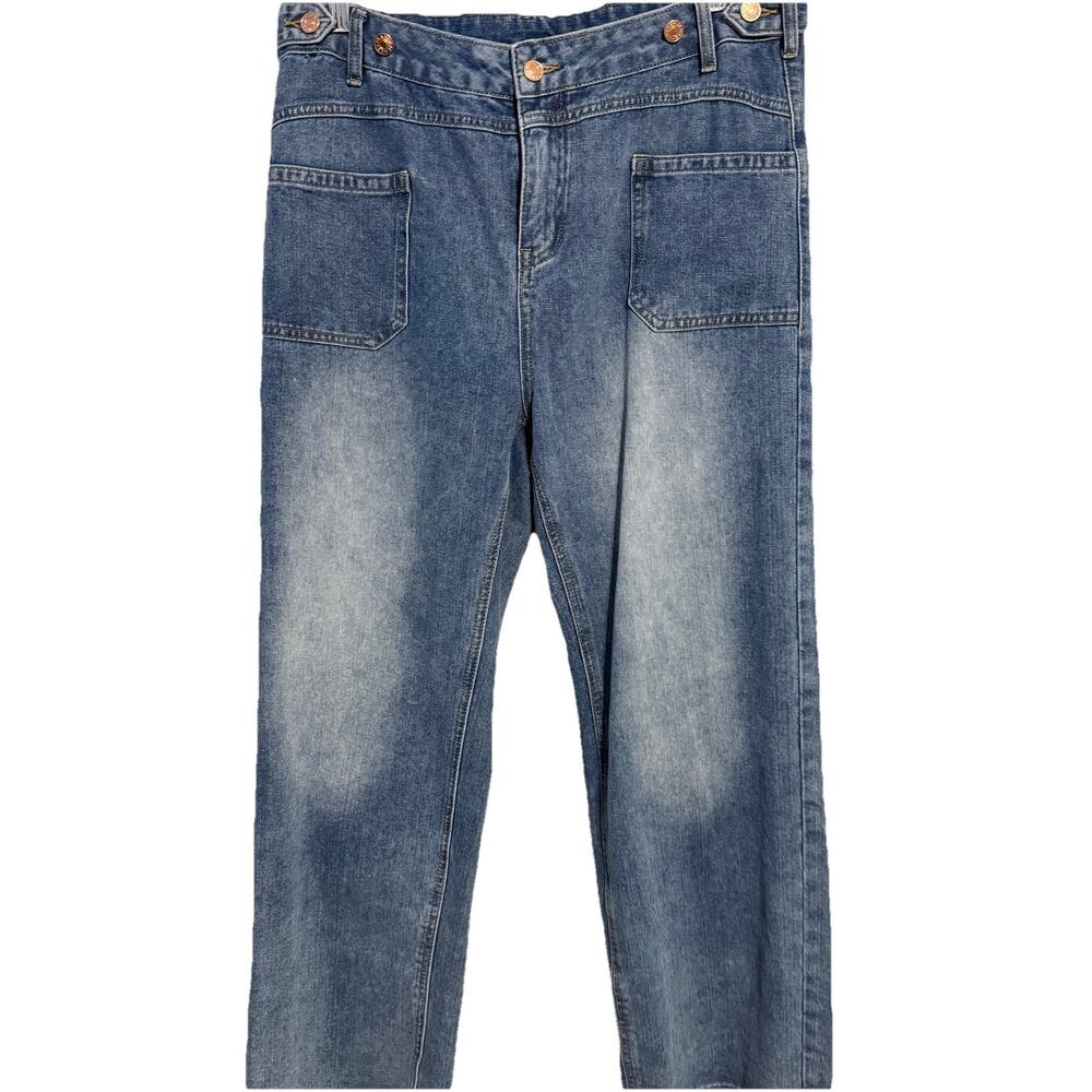 Womens Wide Leg Jeans Size‎ 16 Blue High Rise Stretch Denim Patch Pockets